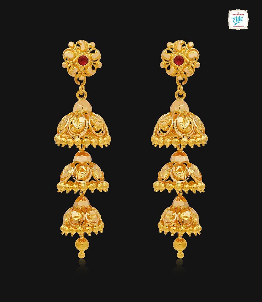 Tri Dome Gold Jhumka | Gold Jhumka & Earring | Buy Jewelry Online