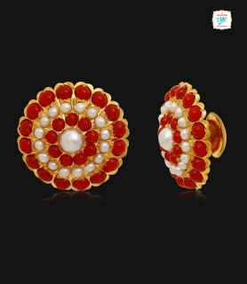 Ruby Red Coral Gold Stud -1335